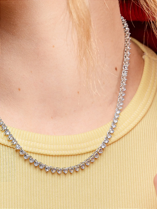 Colar Riviera com Zircônia Redonda Pequena com Três Pontas folheado em ródio branco