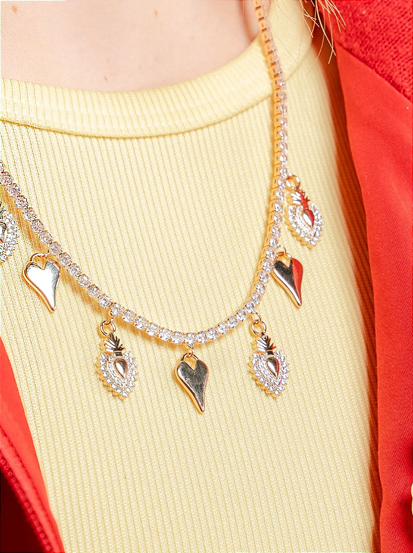 Colar Riviera com Pingentes de Corações Lisos e Cravejados folheado em ouro 18k