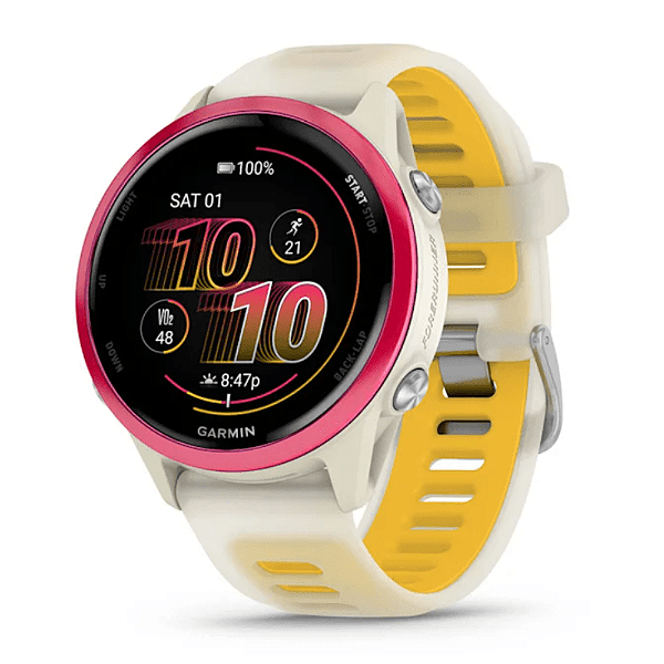 Relógio Garmin Forerunner 570 Music Amoled Framboesa e Marfim Translúcida Amarela 42mm