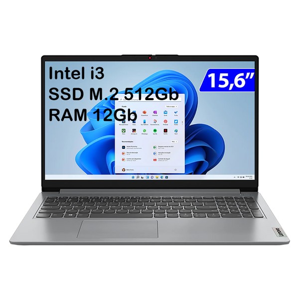 Notebook Lenovo Ideapad 1 15IAU7 Intel Core i3-1215U, 12GB, SSD 512GB M.2, 15,6" Full HD, Win11 e Office 2021 - 82VY000T