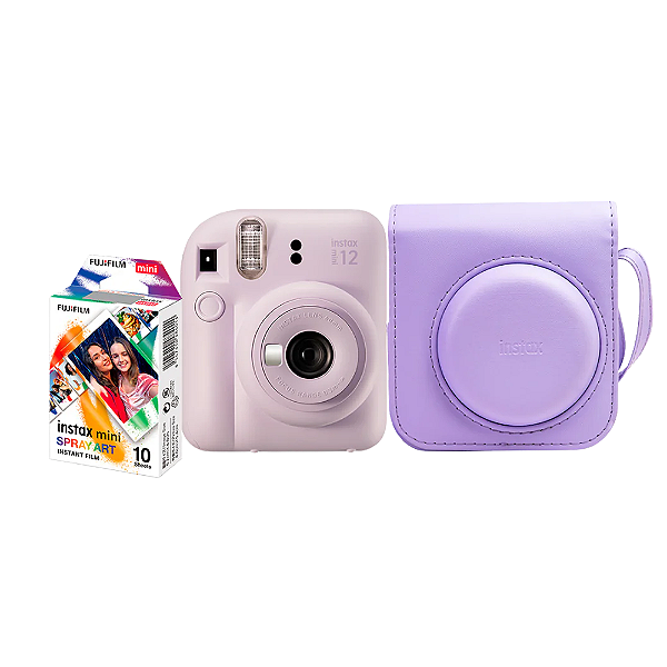 Kit Câmera Instantânea Fujifilm Instax Mini 12 Lilás + Pack 10 filmes Spray Art + Bolsa Lilás
