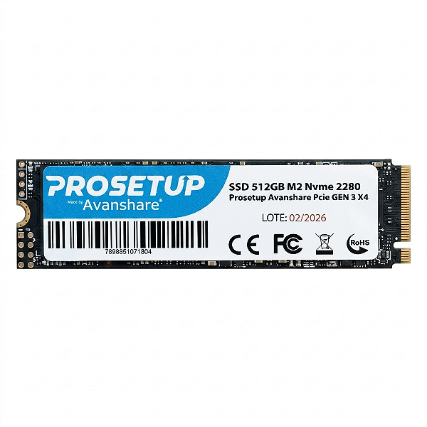 SSD 512GB M2 Nvme 2280 Prosetup Avanshare Pcie GEN 3 X4 Leitura 1700MB/S Gravacao 1100MB/S