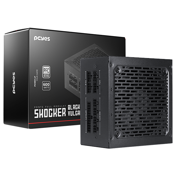 Fonte Gamer Pcyes Shocker Full Modular 600W 80 Plus Standard - Black Vulcan - Fm600Wbv