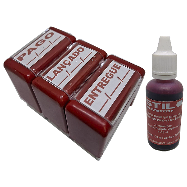 Kit 03 Carimbos PAGO-LANÇADO-ENTREGUE c/ Espaço data + Tubo de Tinta Vermelho
