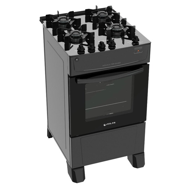 Fogão 4 Bocas De Piso Atlas Mônaco Top Glass Preto Bivolt