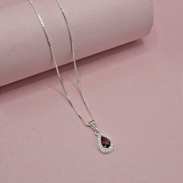 04- Colar Gota Pink Cravejada - Prata