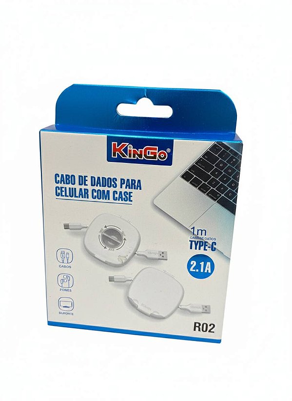 Cabo de Dados USB Type-C Kingo R02 com Case Retrátil 1 Metro 2.1A