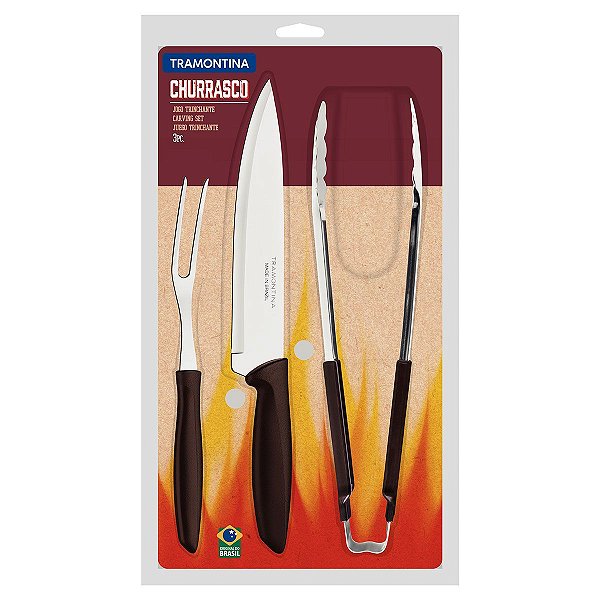Jogo Para Churrasco Plenus Com Laminas Em Aco Inox E Cabos De Polipropileno Marrom 3 Pecas [F083]