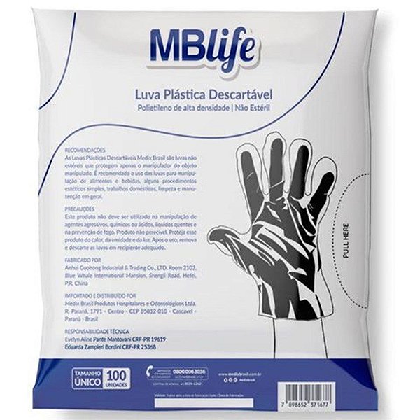 Luva Plástica Transparente Hdpe Nao Esteril C/ 100un Medix [F083]