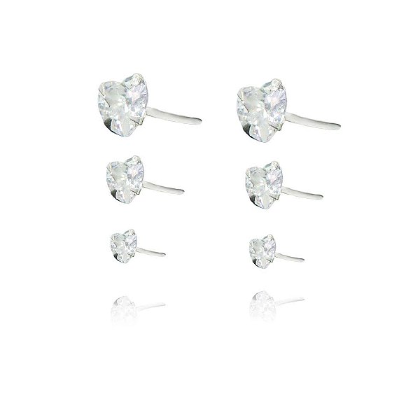 Trio De Brincos Coração Com Zircônia Em Prata 925 [F027]
