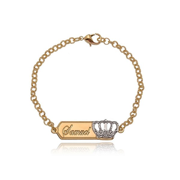 Pulseira Personalizada Chapada Com Nome E Coroa Folheado Em Ouro 18k [F027]
