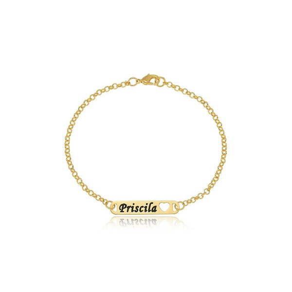Pulseira Personalizada Chapada Nome Coração Vazado Folheado Ouro 18k [F027]