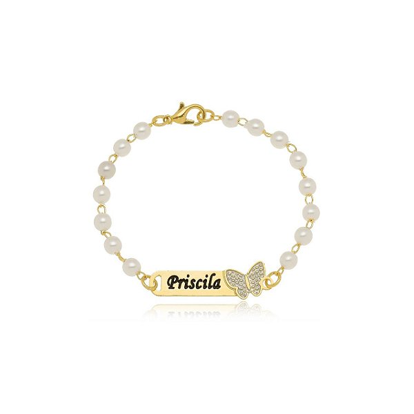 Pulseira Personalizada Com Perola E Nome Folheado Em Ouro 18k [F027]