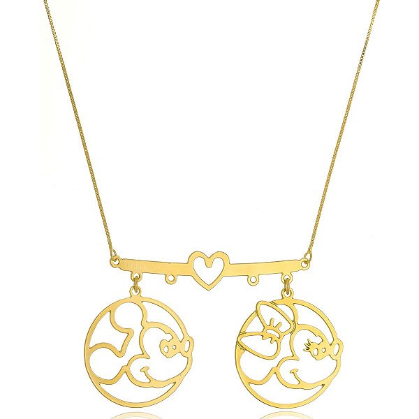 Colar Personalizado Mickey E Minnie Coração Folheado Em Ouro 18k [F027]