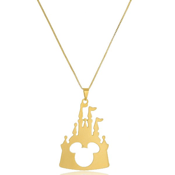 Colar Personalizado Castelo Disney Com Mickey Vazado Folheado Em Ouro 18k [F027]