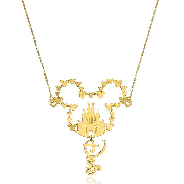 Colar Personalizado Mickey Com Castelo E Nome Folheado Em Ouro 18k [F027]