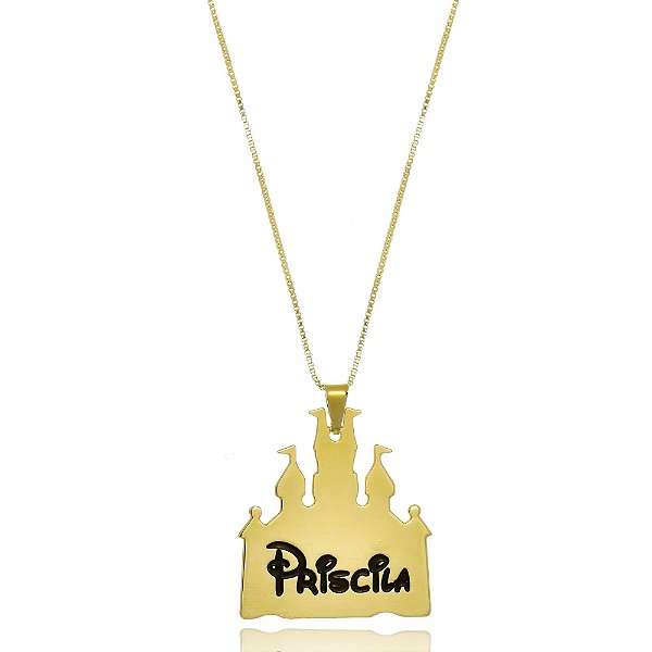 Colar Personalizado Castelo Da Disney Nome Folheado Em Ouro 18k [F027]