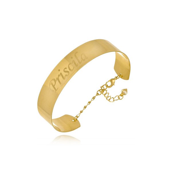 Pulseira Rígida Grossa Com Nome Folheado Em Ouro 18k [F027]