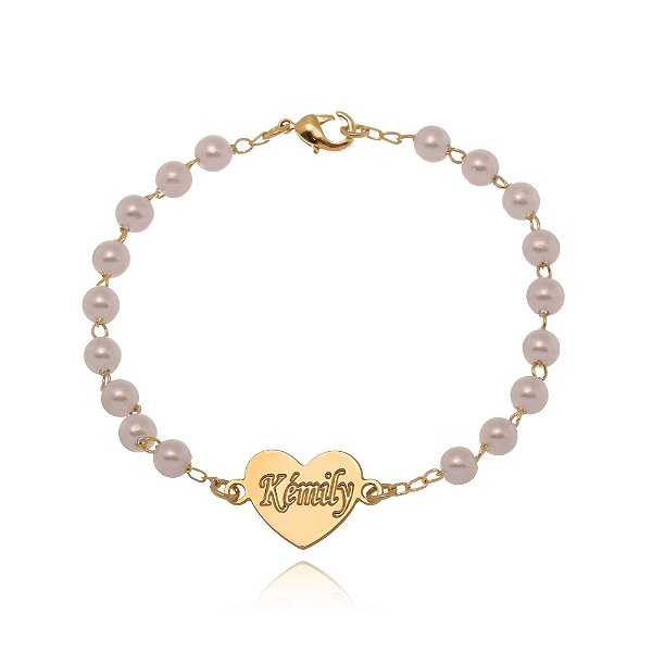 Pulseira De Pérolas Com Coração E Nome Gravado Folheado Em Ouro 18k [F027]