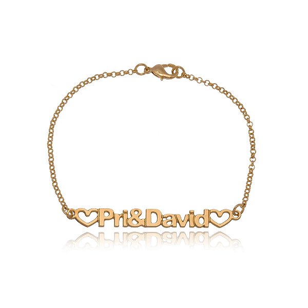 Pulseira Com Nome Do Casal E Corações Vazados Folheado Em Ouro 18k [F027]