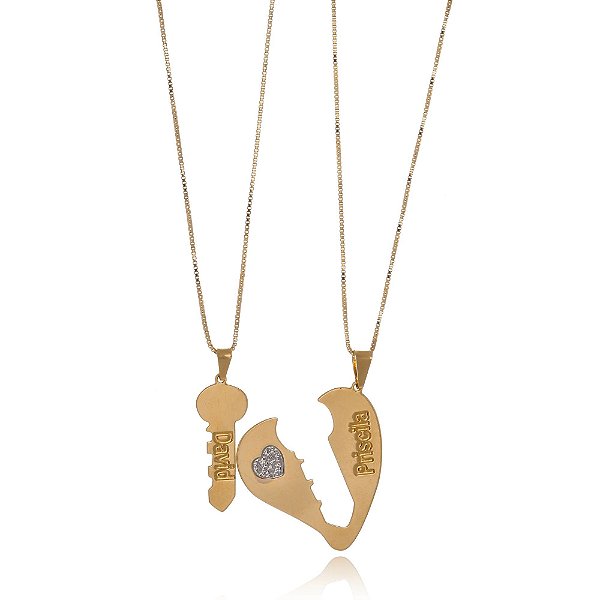 Colar Personalizado Coração E Chave Que Se Completam Folheado Em Ouro 18k [F027]