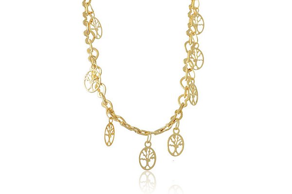 Pulseira Com Pequenos Pingentes De árvore Da Vida Folheado Em Ouro 18k [F027]