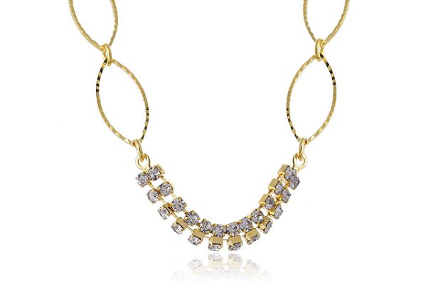 Pulseira Com Aros Ovais E Strass Folheado Em Ouro 18k [F027]