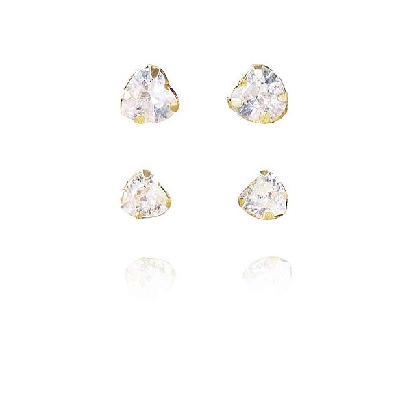 Brinco Duo Com Coração De Zircônia Folheado Em Ouro 18k [F027]