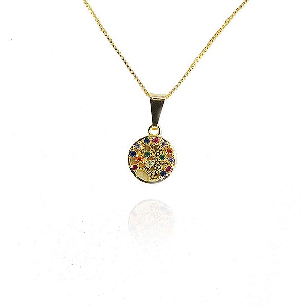 Colar Pingente árvore Da Vida Com Zircônias Coloridas Folheado A Ouro 18k [F027]