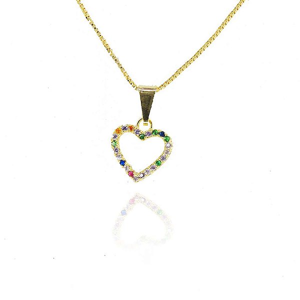 Colar Pingente Coração De Zircônias Coloridas Sortidas Folheado A Ouro 18k [F027]