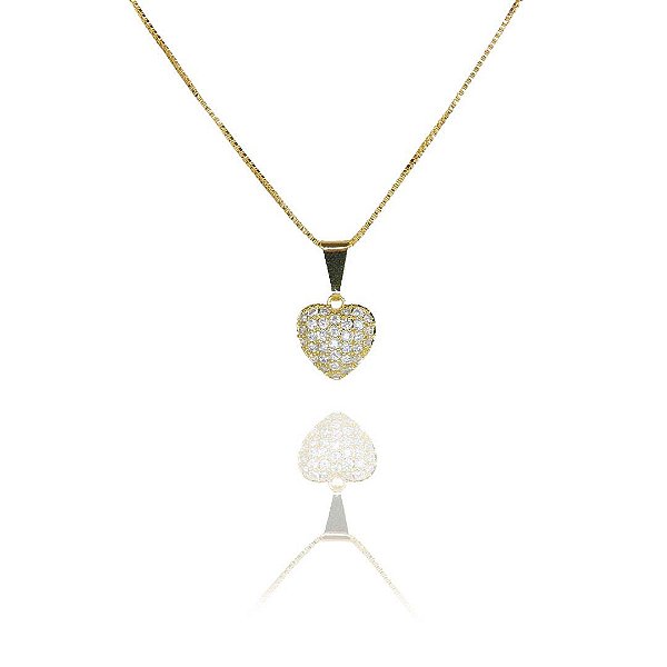 Colar Pingente De Coração Com Zircônias Banhado Em Ouro 18k [F027]
