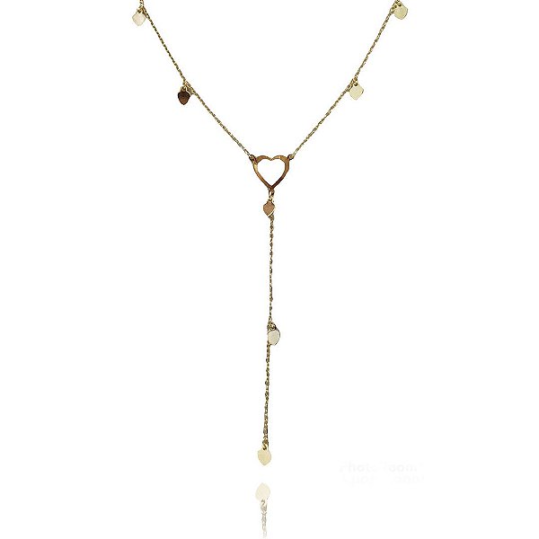 Colar Gravatinha Com Corações Folheado Em Ouro 18k [F027]