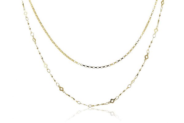 Colar Duplo Corrente Lisa Corrente Trabalhada Folheado Ouro [F027]