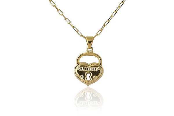 Colar Com Pingente De Cadeado Escrito Amor Folheado Ouro 18k [F027]
