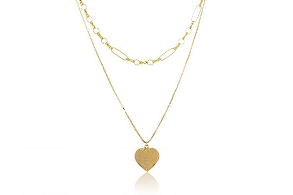 Colar Duplo Folheado Em Ouro 18k Com Coração [F027]