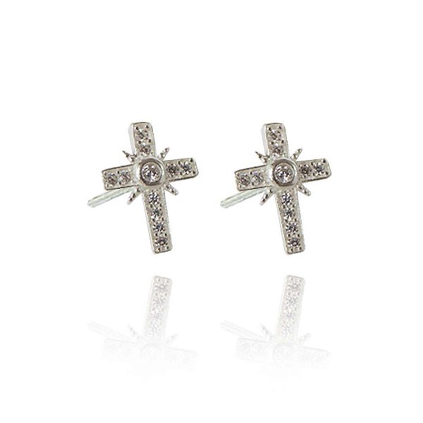 Brinco De Cruz Com Zircônias Brancas Em Prata 925 [F027]