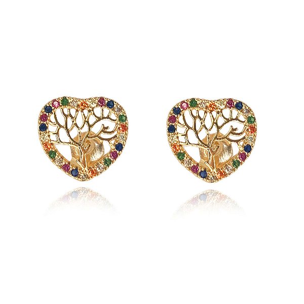 Brinco Coração Com Zirconia Colorida E árvore Da Vida Folheado Em Ouro 18k [F027]