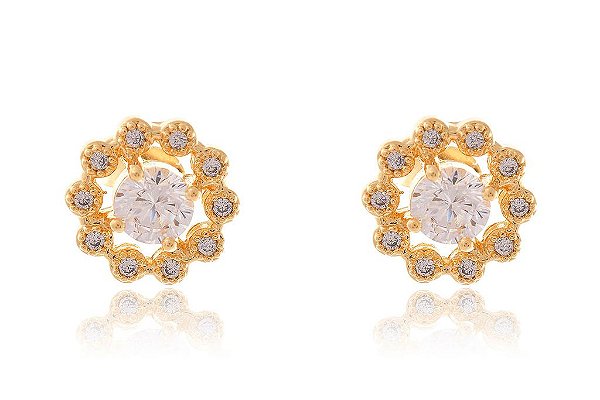 Brinco Formato Flor Com Mini Zircônias [F027]