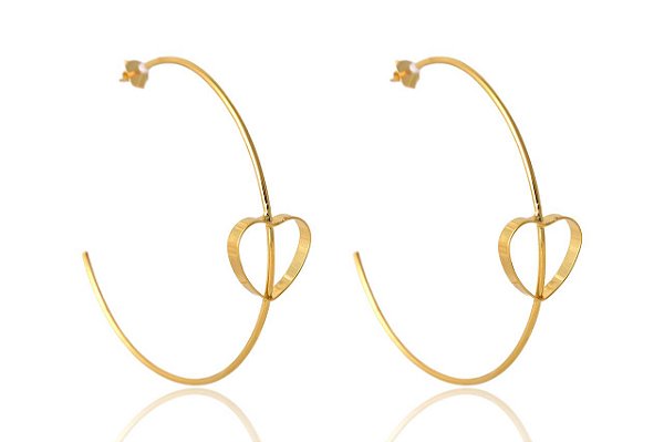 Brinco Argola Grande Fina Com Coração Embutido Folheado Em Ouro 18k [F027]
