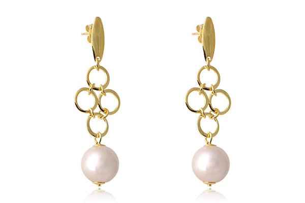 Brinco Grande De Fio Com Circulo Dourado E Pérola Folheado Em Ouro 18k [F027]