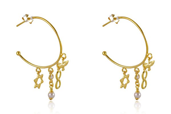 Brinco Argola Médio Com Pingente Esotéricos Folheado [F027]