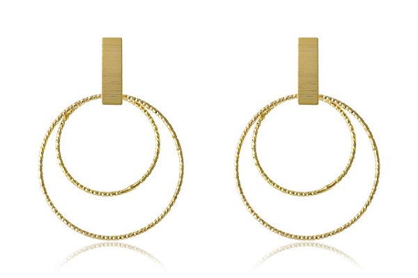 Brinco Com Fio Grosso E Dois Círculos Folheado [F027]