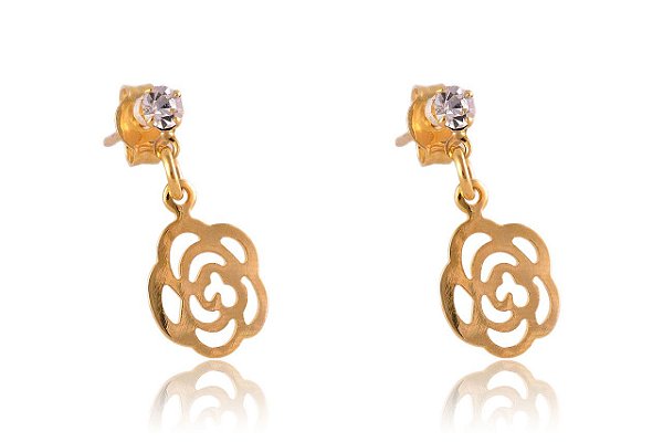 Brinco Pequeno De Flor Vazada Com Zircônia Folheado [F027]