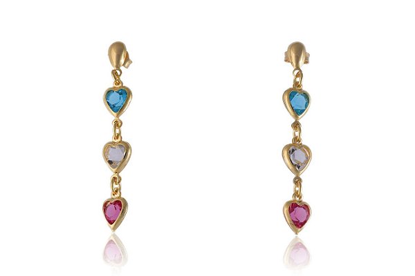 Brinco De Corações Com Pedras Coloridas Folheado Em Ouro 18k [F027]