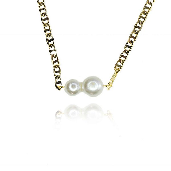 Choker Corrente Com Duas Pérolas Grandes [F027]
