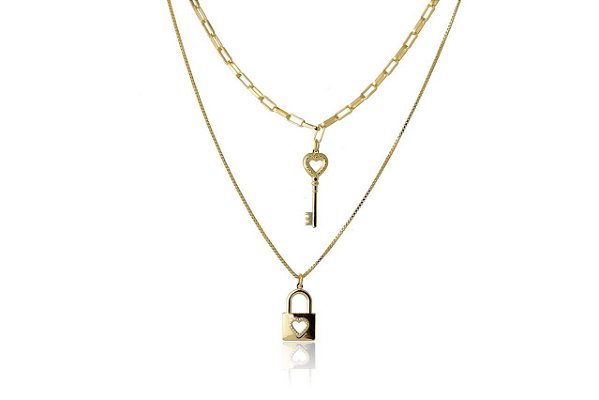 Colar Duplo Com Corrente Cartier E Pingente De Chave Folheado Em Ouro 18k [F027]