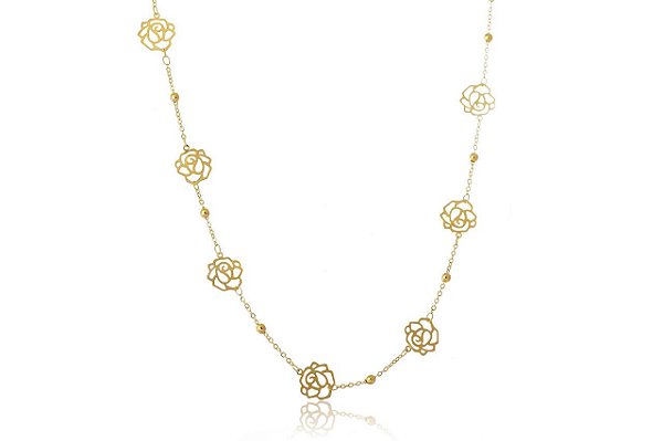 Colar Longo Com Bolinha E Flor Folheado Em Ouro 18k [F027]
