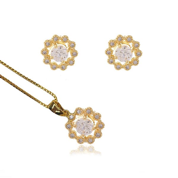 Conjunto Formato Flor Com Mini Zircônias [F027]