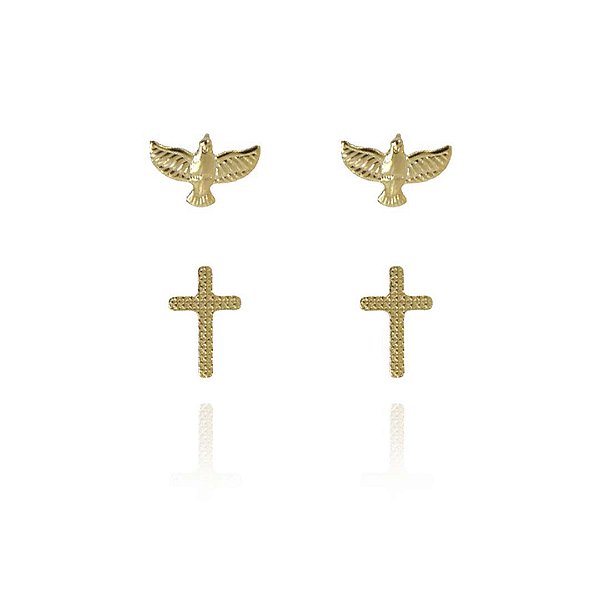 Duo De Cruz E Espírito Santo Folheado Em Ouro 18k [F027]
