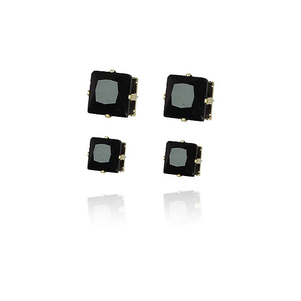 Duo Quadrado De Zircônias Grande Preto Folheado Em Ouro 18k [F027]
